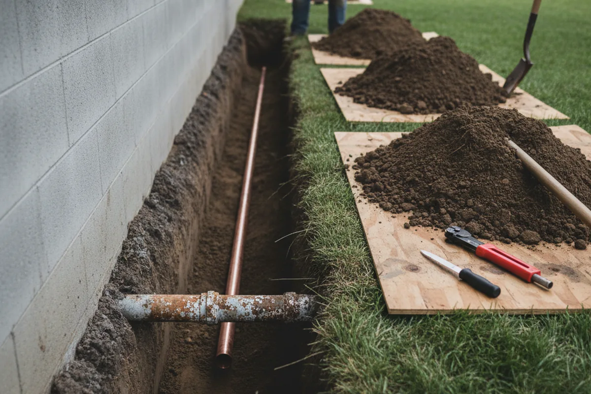 Excavated water line trench during Water Heater Repair in Mattapan